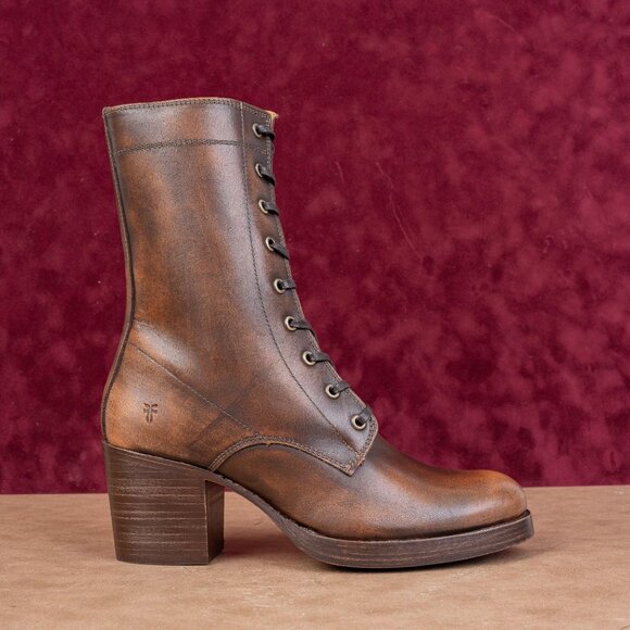 Women Frye Women Jean Lace-up Distress Brown Leather Zip Heel Round Boots sz 10